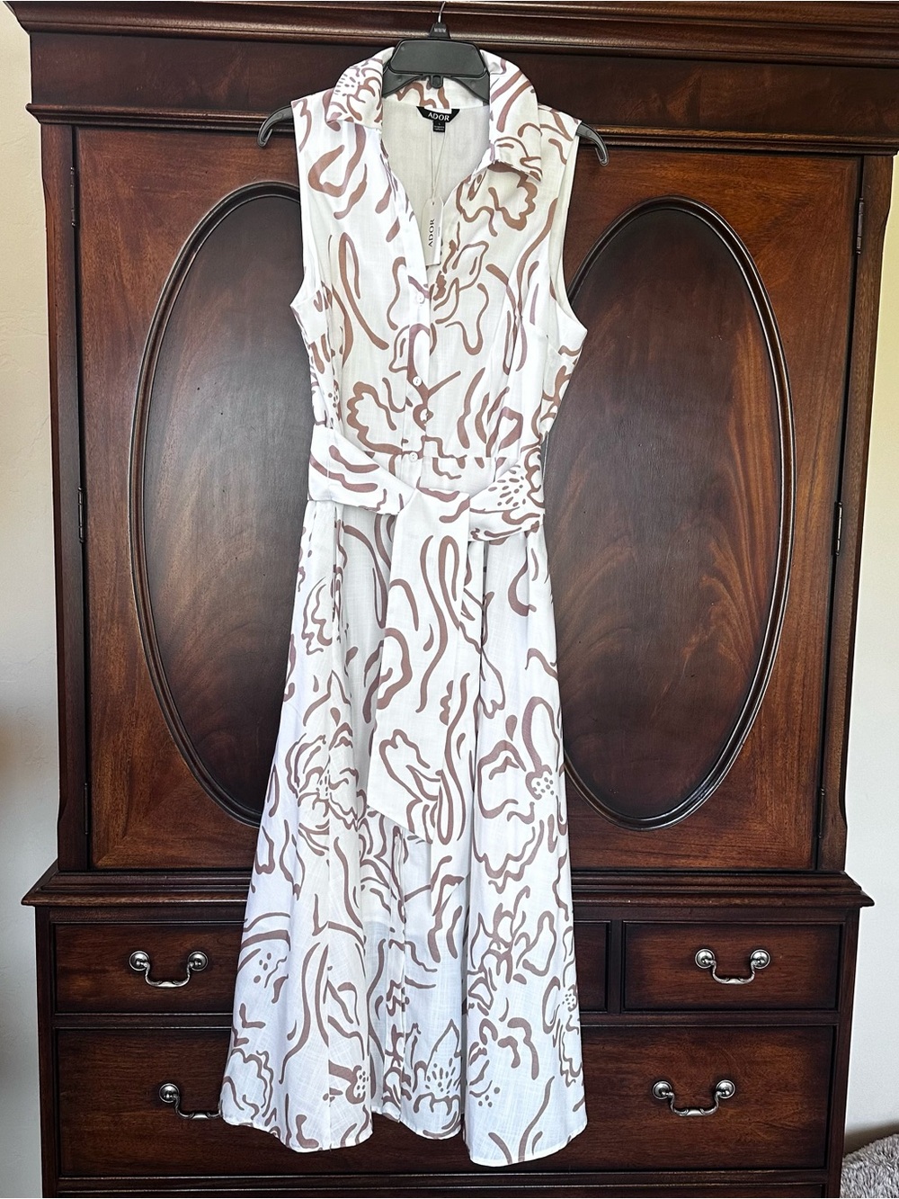 Sleeveless White Maxi Dress with Taupe Floral Print and Tie Waist